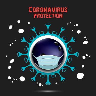 Koronavirüs işareti ve koruyucu maskeli bowling topu.