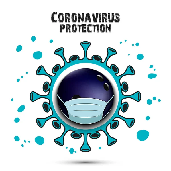 Coronavirus-Zeichen und Bowlingball mit Schutzmaske — Stockvektor