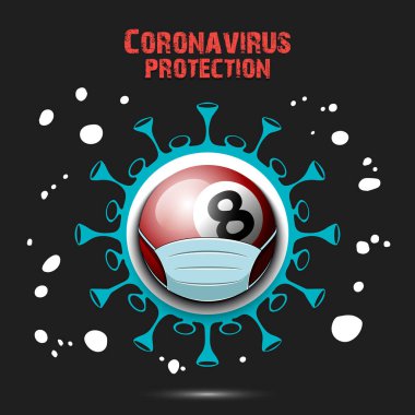 Koronavirüs işareti ve koruyucu maskeli bilardo topu.