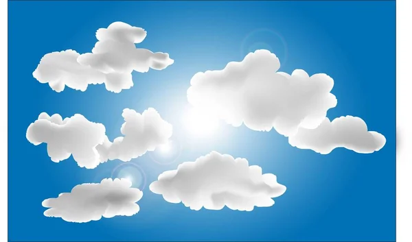 Güneş, beyaz bulutlar ve parlaklıklarla mavi gökyüzünün temel RGB vektör çizimi