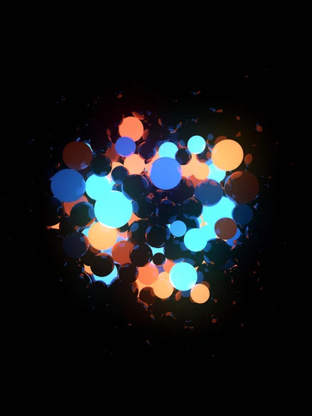 Blue and orange glowing balls on black background 3d rendering — Stock Photo, Image