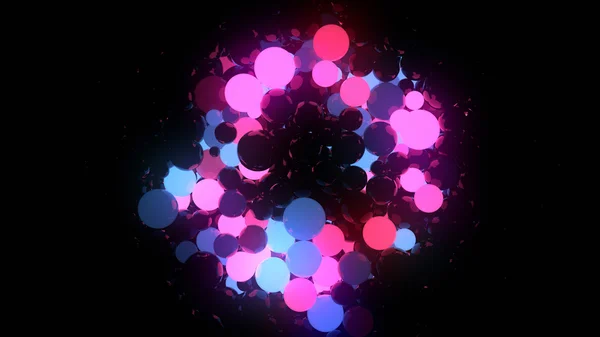 Blue and pink glowing balls on black background 3d rendering — Stock Photo, Image