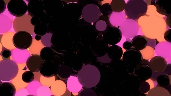 Orange yellow and pink glowing balls on black background 3d rendering — ストック写真