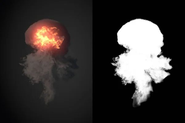 Explosion with black smoke in dark 3d rendering plus alpha channel — Stock Photo, Image