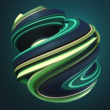 Yeşil Sarı bükülmüş şekil. Oluşturulan bilgisayar soyut geometrik 3d render illüstrasyon