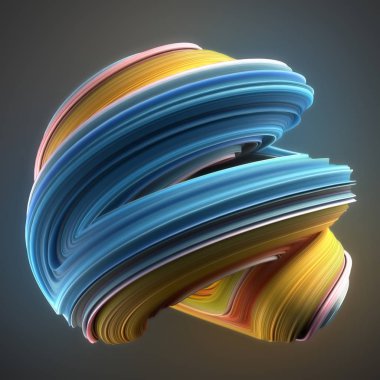 Mavi ve sarı renkli bükülmüş şekil. Oluşturulan bilgisayar soyut geometrik 3d render illüstrasyon