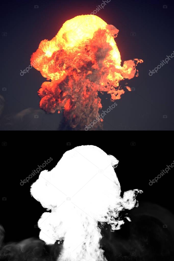 Large explosion with black smoke in dark 3d rendering