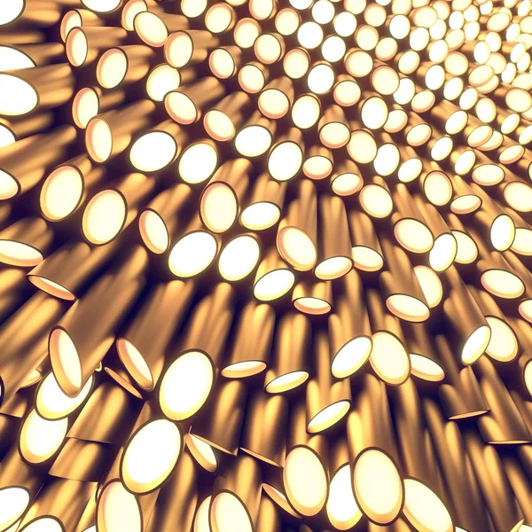 Gold cylinders with lamps at the ends. 3d rendering — Stock Photo, Image