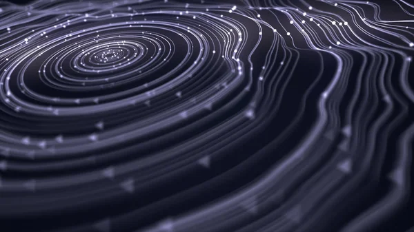 Magiska vågiga ringar med små pärlor på en mörk bakgrund. 3D-rendering — Stockfoto