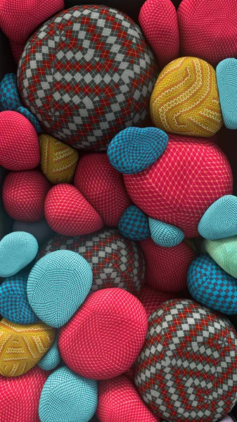 3D rendering of colored floating spheres with a knitted texture. Abstract composition — Stock Photo, Image