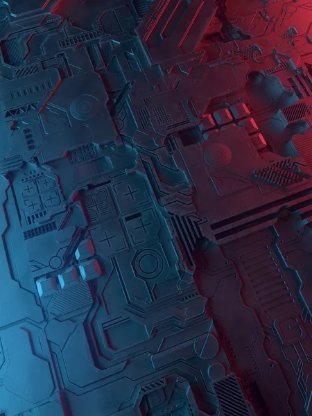 Abstracte metalen patroon. Futuristische techno achtergrond verlicht door gekleurde lampen. Digitale 3d illustratie — Stockfoto
