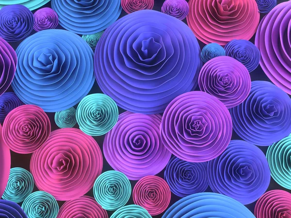 Abstrakt illustrasjon av papirlagde, fjærkledde blomster med ulike nyanser av vårfarger. 3d smelting – stockfoto