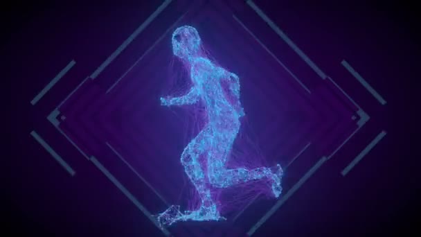 Animación de bucle sin fisuras de un hombre corriendo a partir de partículas y líneas. 3D render. 4K — Vídeo de stock