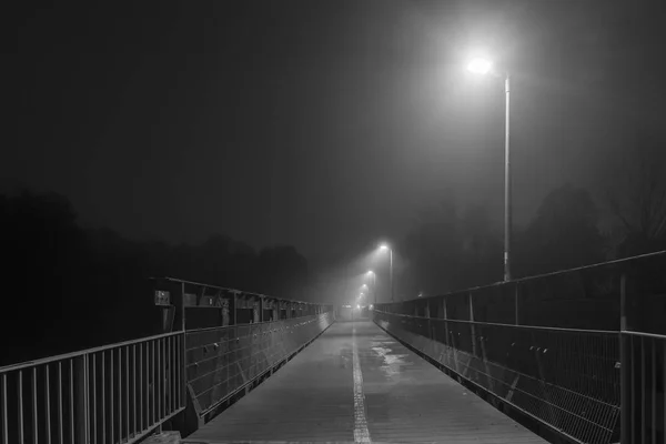 Fotografia noturna de uma ponte em Regensburg com nevoeiro — Fotografia de Stock