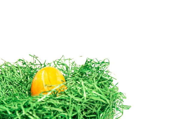 Pisanka w Wielkanoc gniazdo z trawy zielone i białe tło — Zdjęcie stockowe