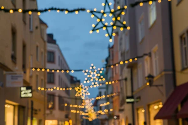 Christmas street lights out of focus