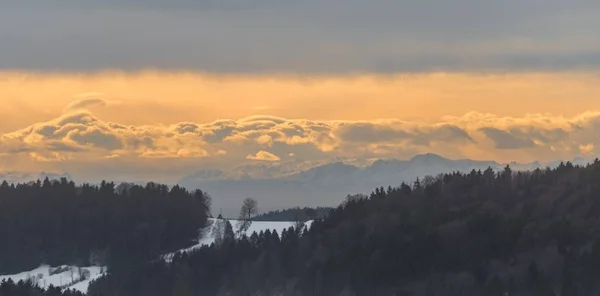 Вид Заснеженный Графау Баварском Лесу Видом Альпы Бавария Германия — стоковое фото
