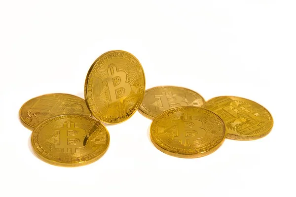 Gold Coins Bitcoin Isolated White Background — Stock Photo, Image
