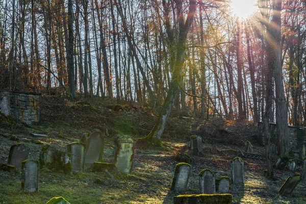 Promienie Słońca Stary Cmentarz Nagrobkami Wyblakły Niemcy — Zdjęcie stockowe
