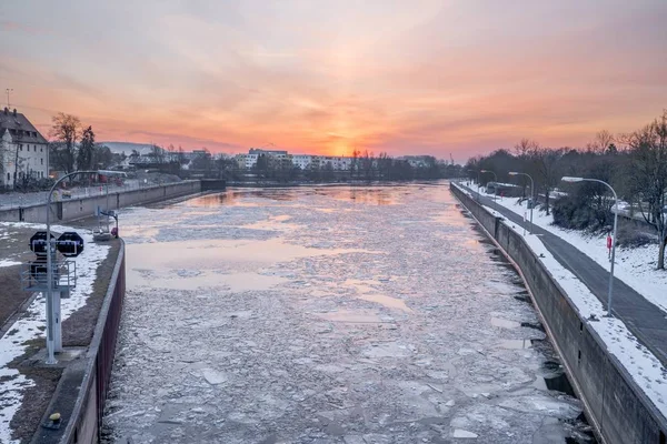 Východ Slunce Nad Reinhausen Zimě Řezno Německo — Stock fotografie