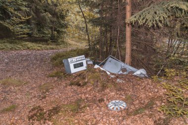 Atılmış eski ev aletleri Almanya 'da bir ormanda kirlilik