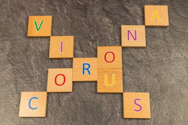 Koyu arkaplanda tahta harflerle Corona virüsü, Almanya