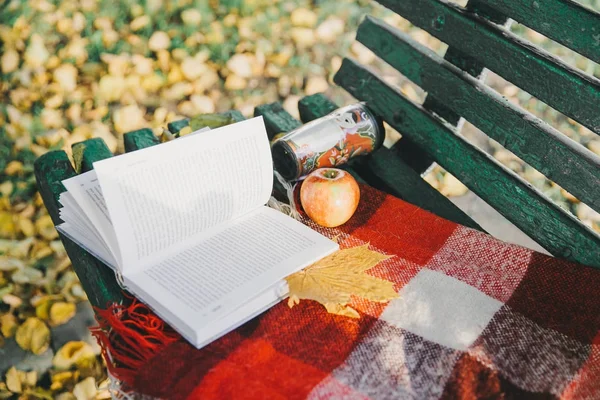 Book on the bench in the park. Recreation