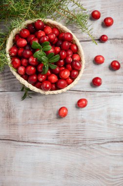 Hasır sepet içinde kırmızı taze kızılcık hasat.