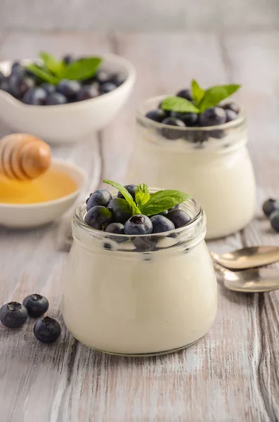 Iogurte caseiro natural com mirtilo e hortelã — Fotografia de Stock