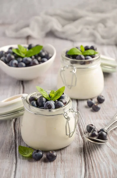 Yogur casero natural con arándanos y menta — Foto de Stock