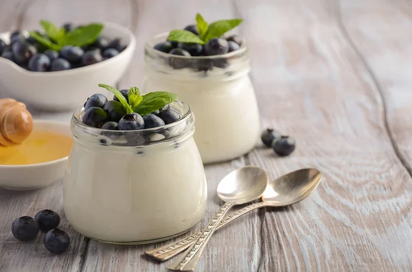 Naturliga hemmagjord yoghurt med blåbär och mynta — Stockfoto