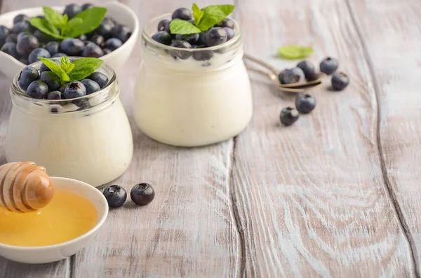 Yogur casero natural con arándanos y menta — Foto de Stock