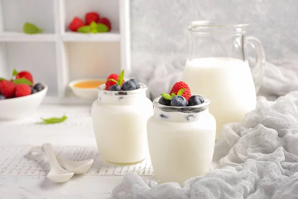 Hemmagjord naturlig yoghurt med blåbär och hallon — Stockfoto