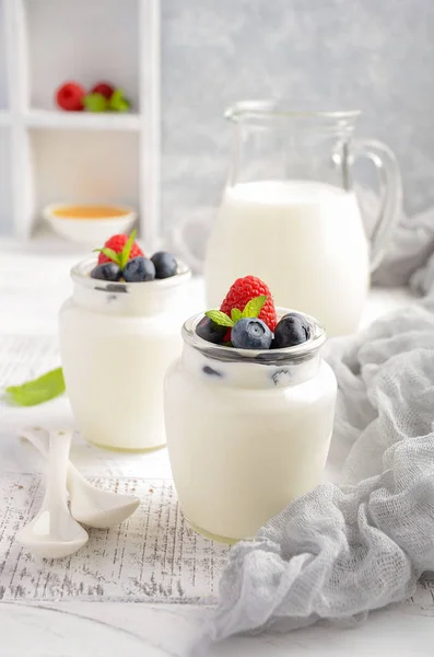 Domowej roboty jogurt naturalny z jagód i malin — Zdjęcie stockowe