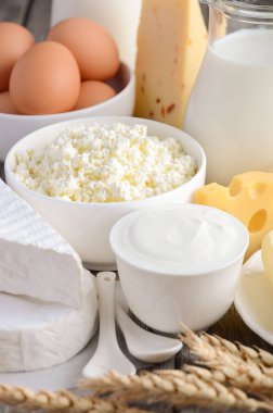 Fresh dairy products. Milk, cheese, brie, Camembert, butter, yogurt, cottage cheese and eggs on wooden table. clipart