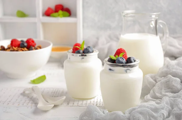 Hausgemachter Naturjoghurt mit Blaubeere und Himbeere — Stockfoto