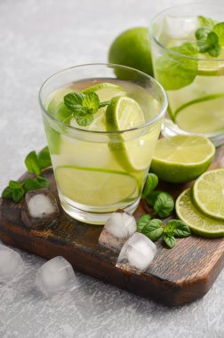 Soğuk Yaz içeceği kireç ve gri beton veya taş zemin üzerine bir bardak nane ile yenileme.