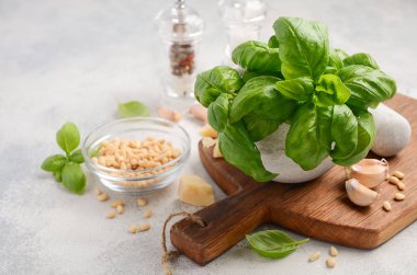 Yeşil pesto sos yapmak için malzemeler. Sağlıklı Italyan Mutfagi.