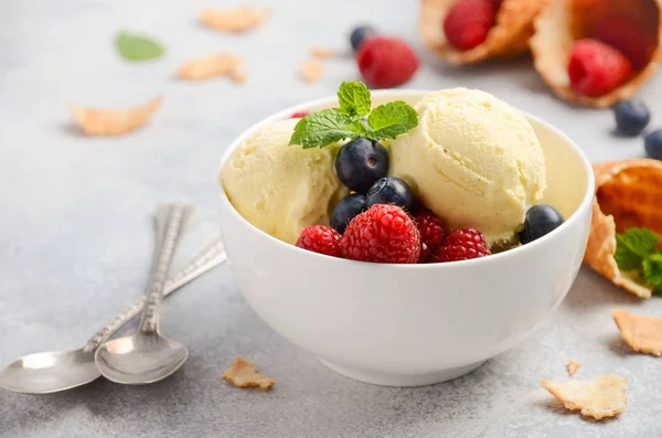 Vanilla ice cream with fresh berries on concrete background — Stock Photo, Image