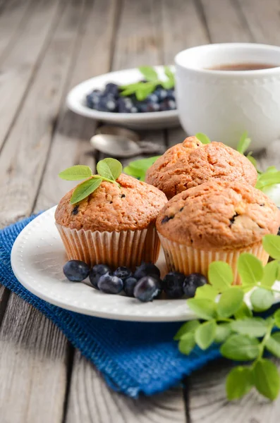 Zelfgemaakte blueberry muffins op rustieke houten achtergrond — Stockfoto