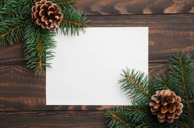 Köknar dalları ve konileri olan Noel arkaplanı.