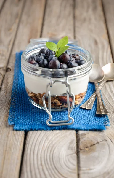 Parfait Jogurt Müsli Čerstvé Borůvky Koncept Zdravé Snídaně Selektivní Ostření — Stock fotografie