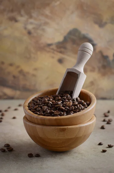 Roasted Coffee Beans Wooden Bowl Concrete Background Selective Focus Copy — Stock Photo, Image