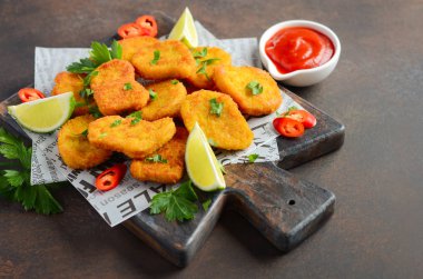 Kara günü domates soslu çıtır çıtır kızarmış tavuk Nuggets seçici odak arka plan