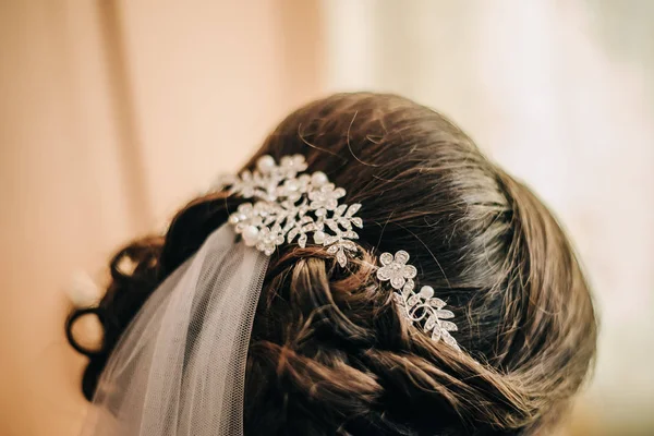 Değerli Bir Broş Güzel Gelin Saç Düzenlenmiş Duvak Düğün Gününde — Stok fotoğraf