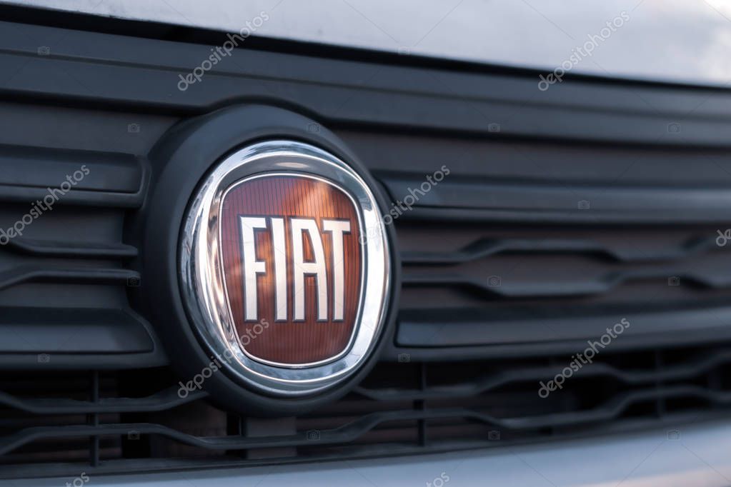 Berlin, Germany - October 31, 2019: Fiat logo. In October 2019 Frances PSA, owner of Peugeot, and Fiat Chrysler have agreed to pursue a merger that would create the worlds fourth largest carmaker