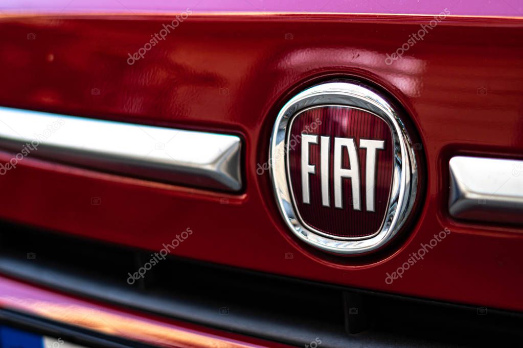 Berlin, Germany - October 31, 2019: Fiat logo. In October 2019 Frances PSA, owner of Peugeot, and Fiat Chrysler have agreed to pursue a merger that would create the worlds fourth largest carmaker
