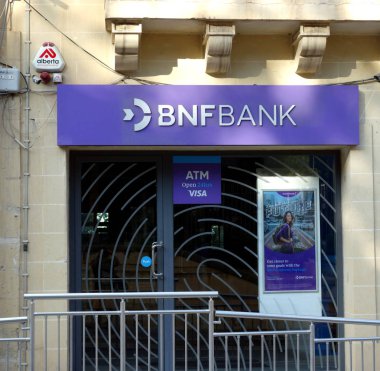 Victoria, Malta - 21 Ekim 2019: Bnf Bank, Malta 'nın finans hizmetleri sisteminde önemli bir oyuncu olan bankacılık hizmetleri sunan bir Malta Bankası