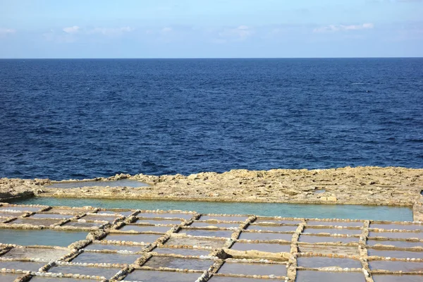 Salt pans or salt flats in Xwejni, Zebbug, Gozo, Malta, longtime locale for salt production, featuring salt pans in geometric patterns by the ocean
