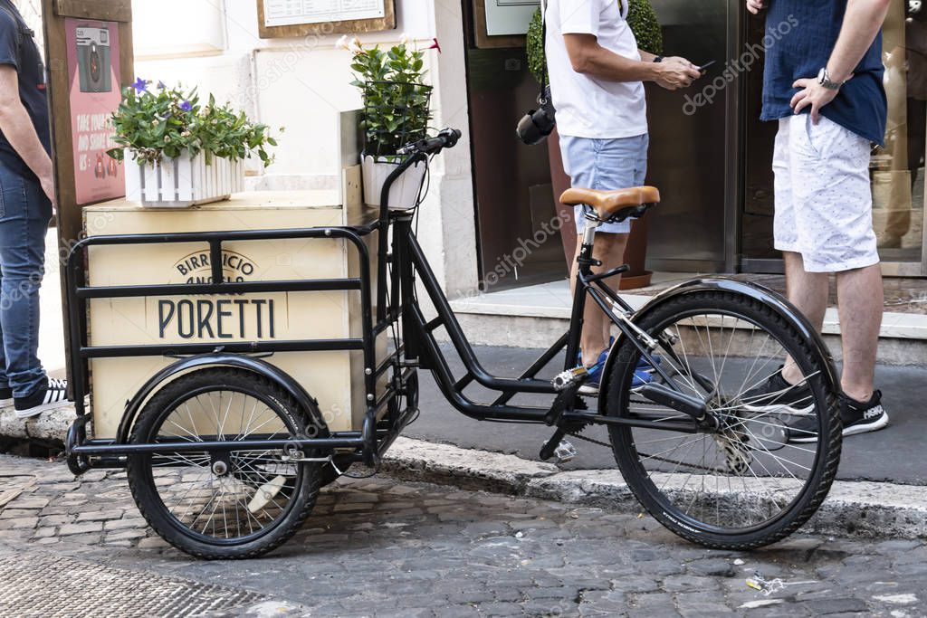 Rome, Italy - July 16, 2019: Advertising cargo bike by Birrificio Angelo Poretti, Italian brewing company